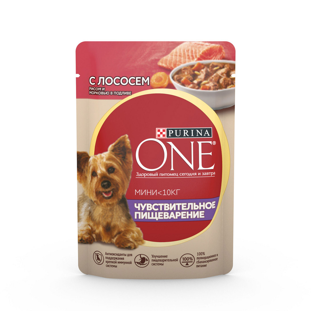 Влажный корм Purina ONE® МИНИ <10 кг Чувствительное пищеварение для собак мелких и карликовых пород с чувствительным пищеварением, с лососем, рисом и морковью в подливе 85 г