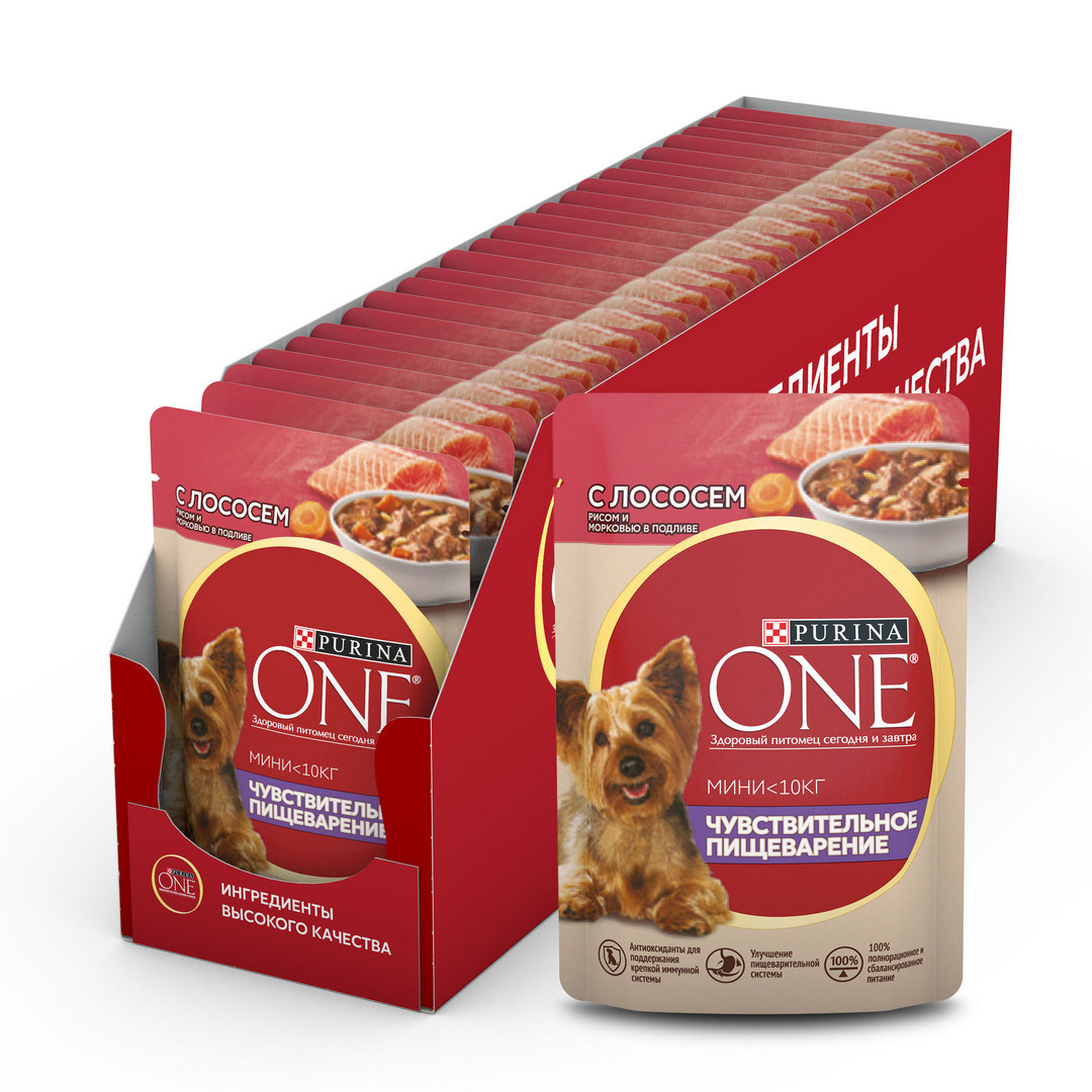 Влажный корм Purina ONE® МИНИ <10 кг Чувствительное пищеварение для собак мелких и карликовых пород с чувствительным пищеварением, с лососем, рисом и морковью в подливе 85 г - фото 5