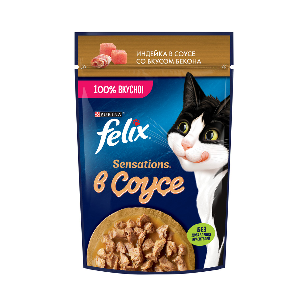 Ересек мысықтарға арналған FELIX® Sensations ылғалды азығы, бекон дәмді тұздықтағы күркетауық етімен 75 г