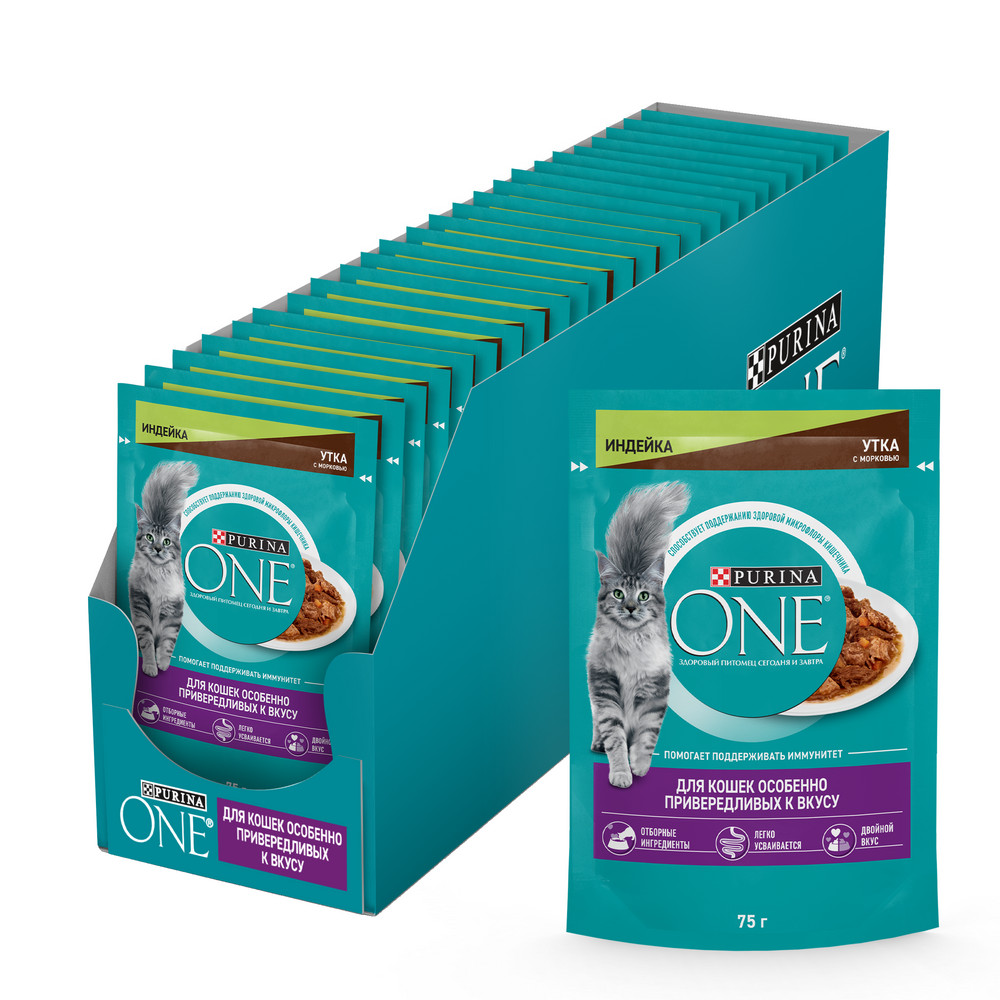 Влажный корм Purina ONE® для кошек особенно привередливых к вкусу, индейка и утка высокого качества с морковью, пауч, 75г - фото 3