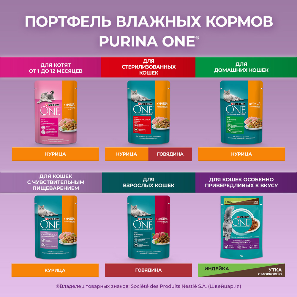 Влажный корм Purina ONE® для кошек особенно привередливых к вкусу, индейка и утка высокого качества с морковью, пауч, 75г - фото 14