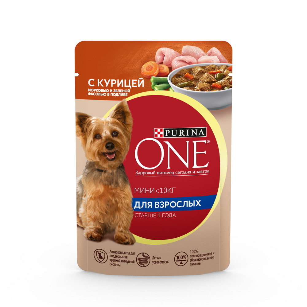 Влажный корм Purina ONE® МИНИ <10 кг для взрослых собак мелких пород старше 1 года, с курицей, морковью и зеленой фасолью в подливе 85 г
