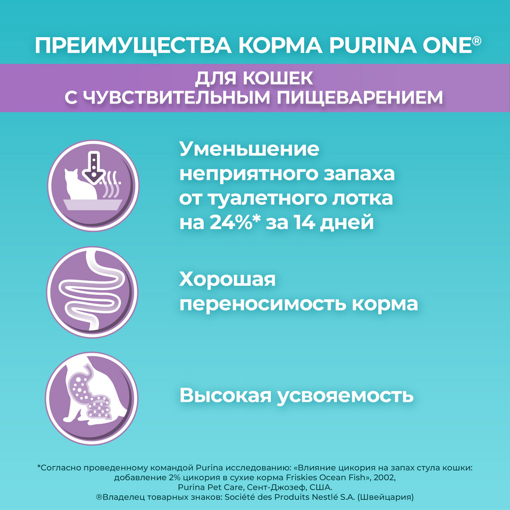 Сухой корм Purina ONE® полнорационный для взрослых кошек с чувствительным пищеварением и разборчивым вкусом в еде, с высоким содержанием индейки - фото 6