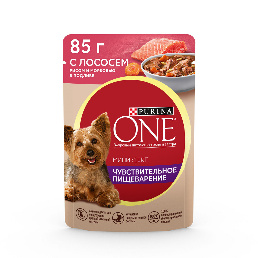 Влажный корм Purina ONE® МИНИ <10 кг Чувствительное пищеварение для собак мелких и карликовых пород с чувствительным пищеварением, с лососем, рисом и морковью в подливе 85 г - фото 2