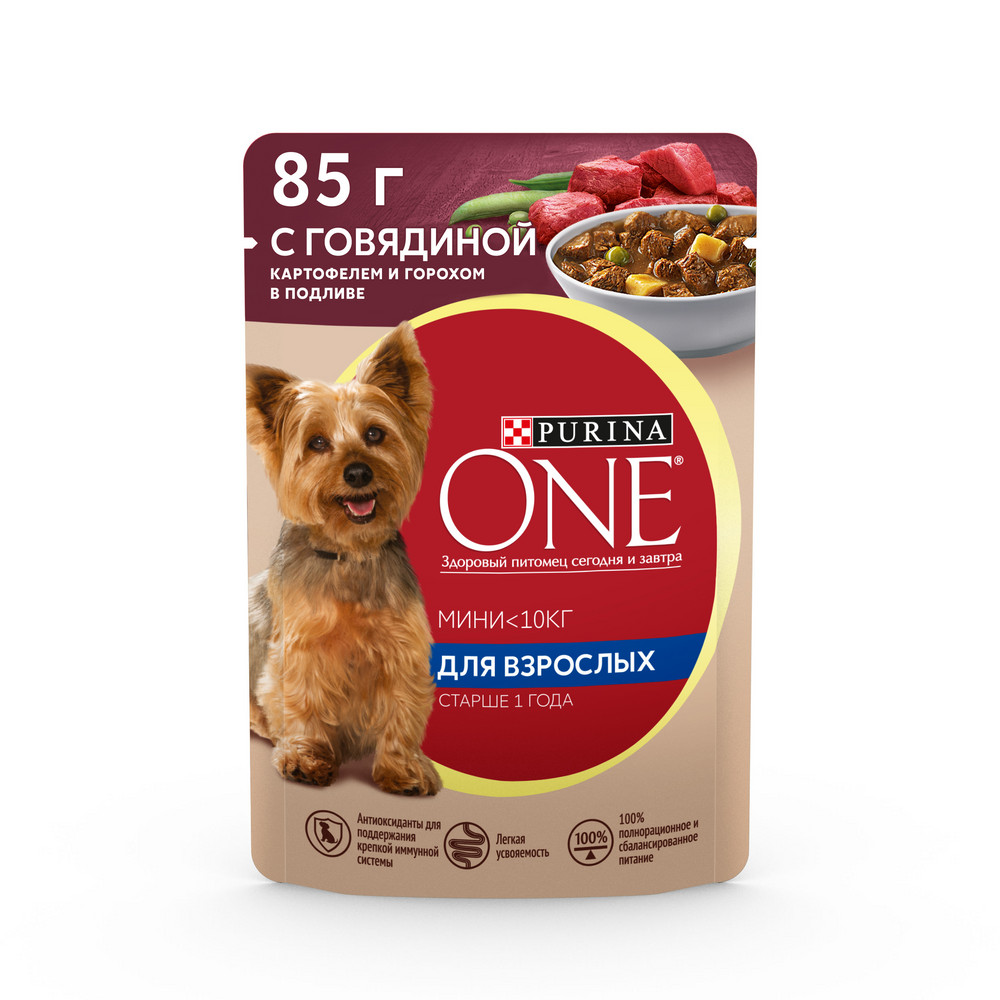 Влажный корм Purina ONE® МИНИ <10 кг для взрослых собак мелких пород старше 1 года, с говядиной, картофелем и горохом в подливе 85 г - фото 2