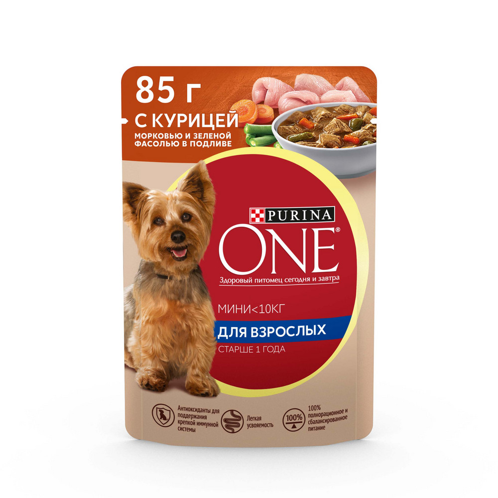Влажный корм Purina ONE® МИНИ <10 кг для взрослых собак мелких пород старше 1 года, с курицей, морковью и зеленой фасолью в подливе 85 г - фото 2