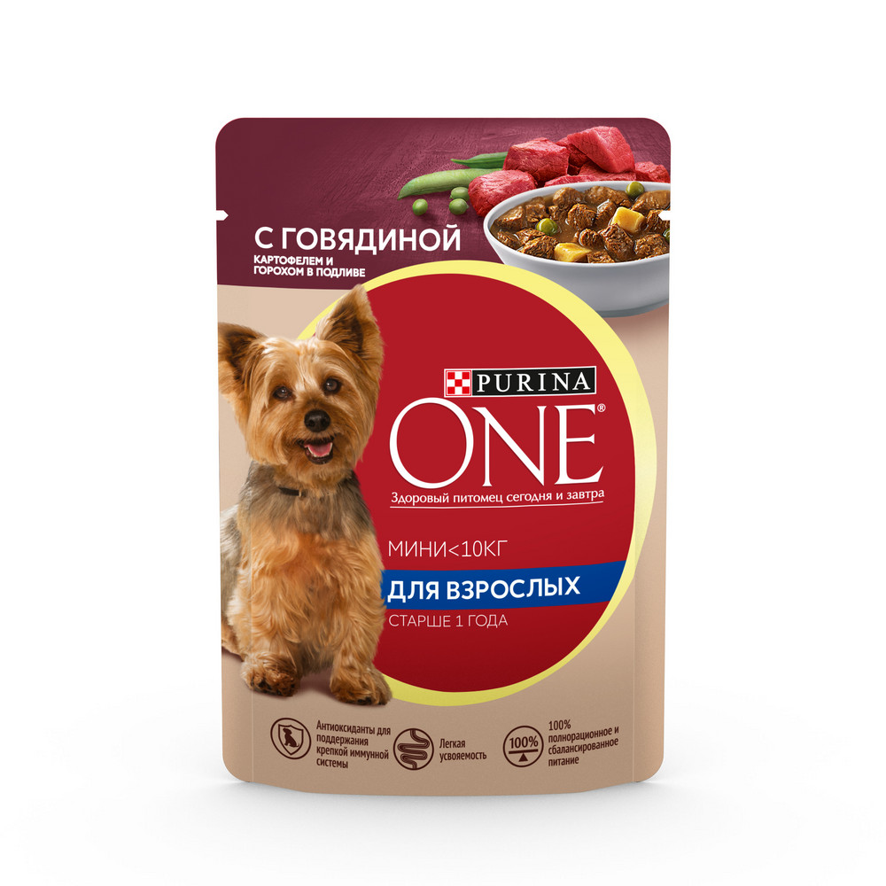 Влажный корм Purina ONE® МИНИ <10 кг для взрослых собак мелких пород старше 1 года, с говядиной, картофелем и горохом в подливе 85 г