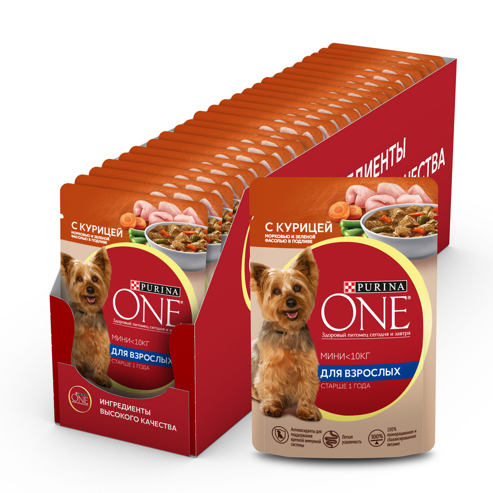 Влажный корм Purina ONE® МИНИ <10 кг для взрослых собак мелких пород старше 1 года, с курицей, морковью и зеленой фасолью в подливе 85 г - фото 4