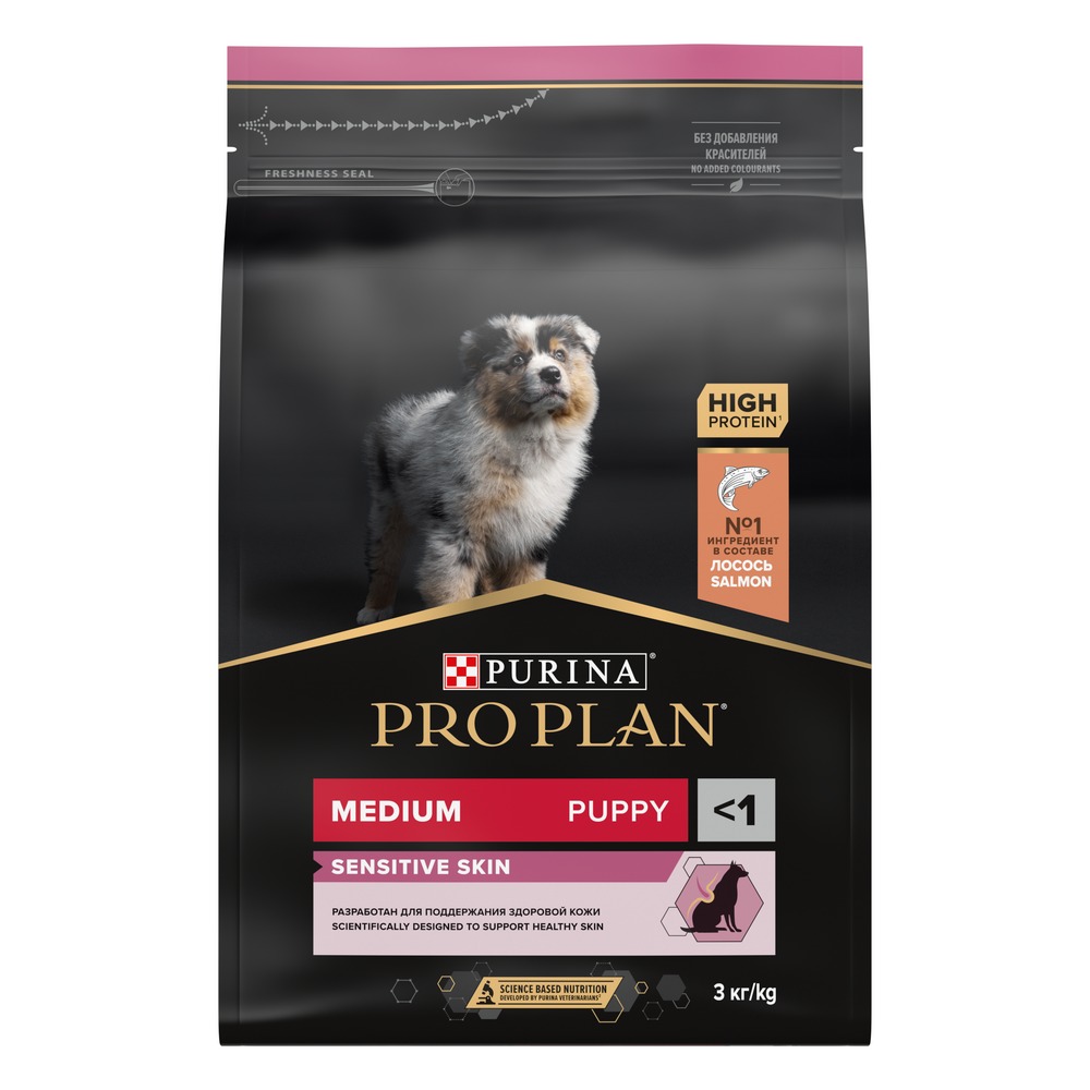 Сухой корм PRO PLAN® для щенков средних пород с чувствительной кожей, с высоким содержанием лосося