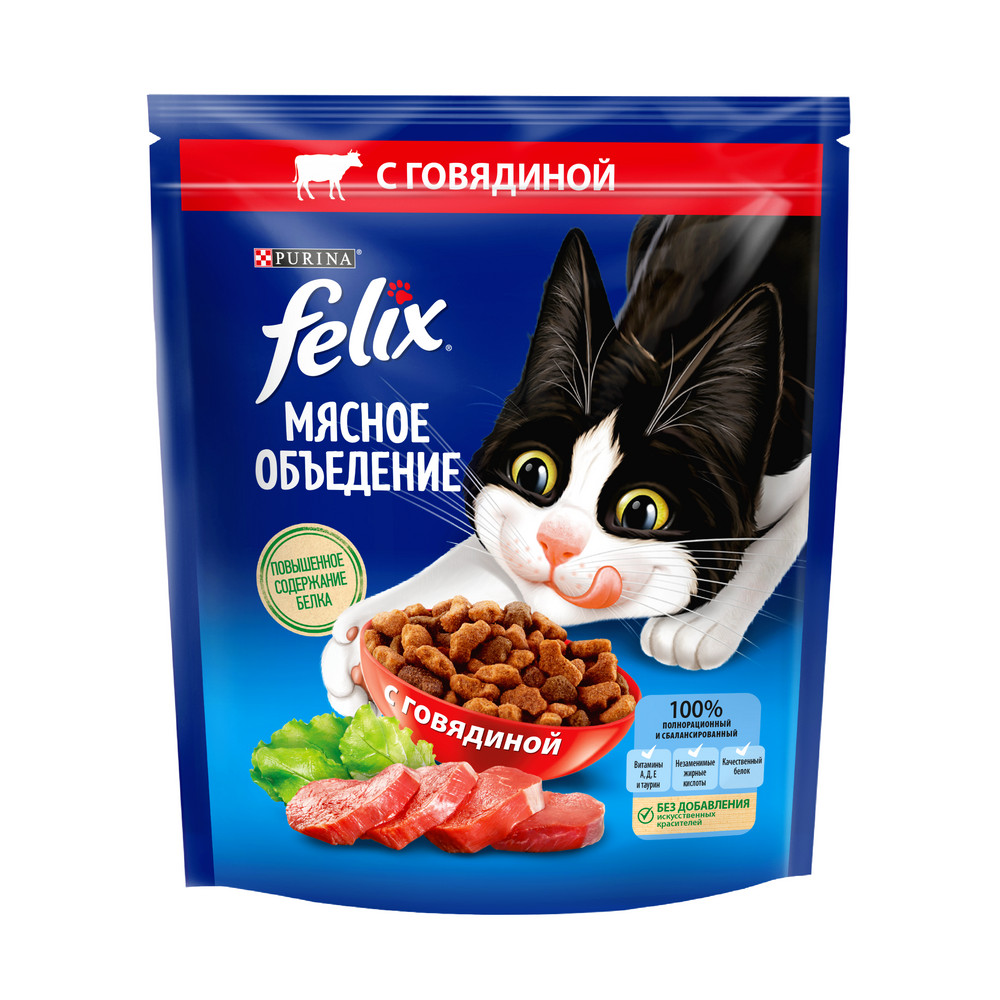 Сиыр еті қосылған ересек мысықтарға арналған FELIX® Етті жеңсік тағамы құрғақ азығы, 600 г