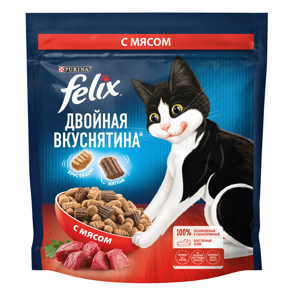 Сухой корм FELIX® Двойная Вкуснятина® для взрослых кошек, с мясом, Пакет, 600 г