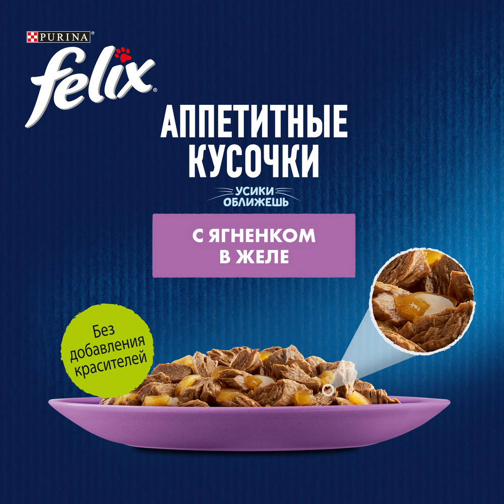 Ересек мысықтарға арналған FELIX® Дәмді тілімдер ылғалды азығы, желедегі қозы еті, 75 г - фото 8