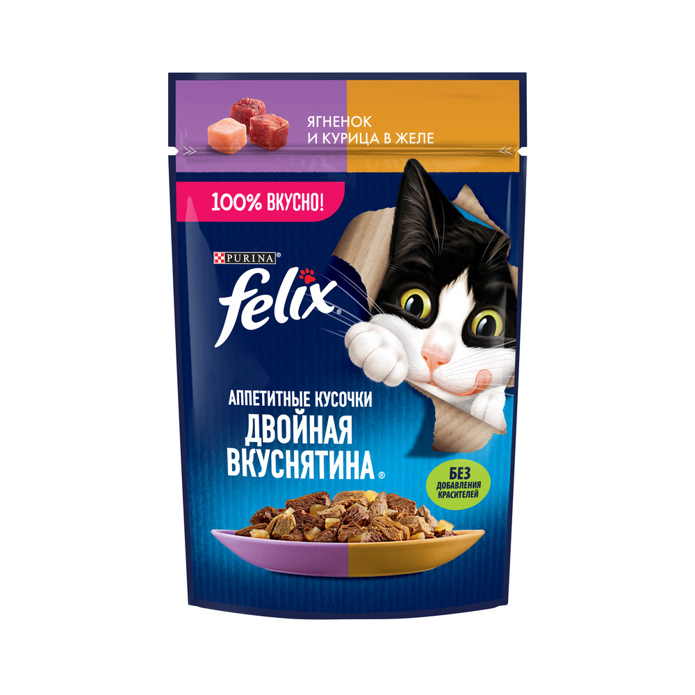Ересек мысықтарға арналған FELIX® Дәмді тілімдер, Қос дәмділік ылғалды азығы, желедегі қозы еті және тауық етімен, 75 г