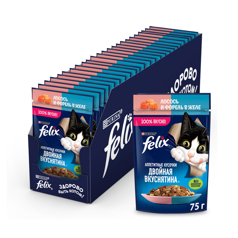 Влажный корм FELIX® Аппетитные кусочки, Двойная Вкуснятина для взрослых кошек, с лососем и форелью, в желе 75 г - фото 5