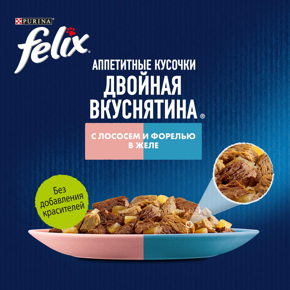 Влажный корм FELIX® Аппетитные кусочки, Двойная Вкуснятина для взрослых кошек, с лососем и форелью, в желе 75 г - фото 8