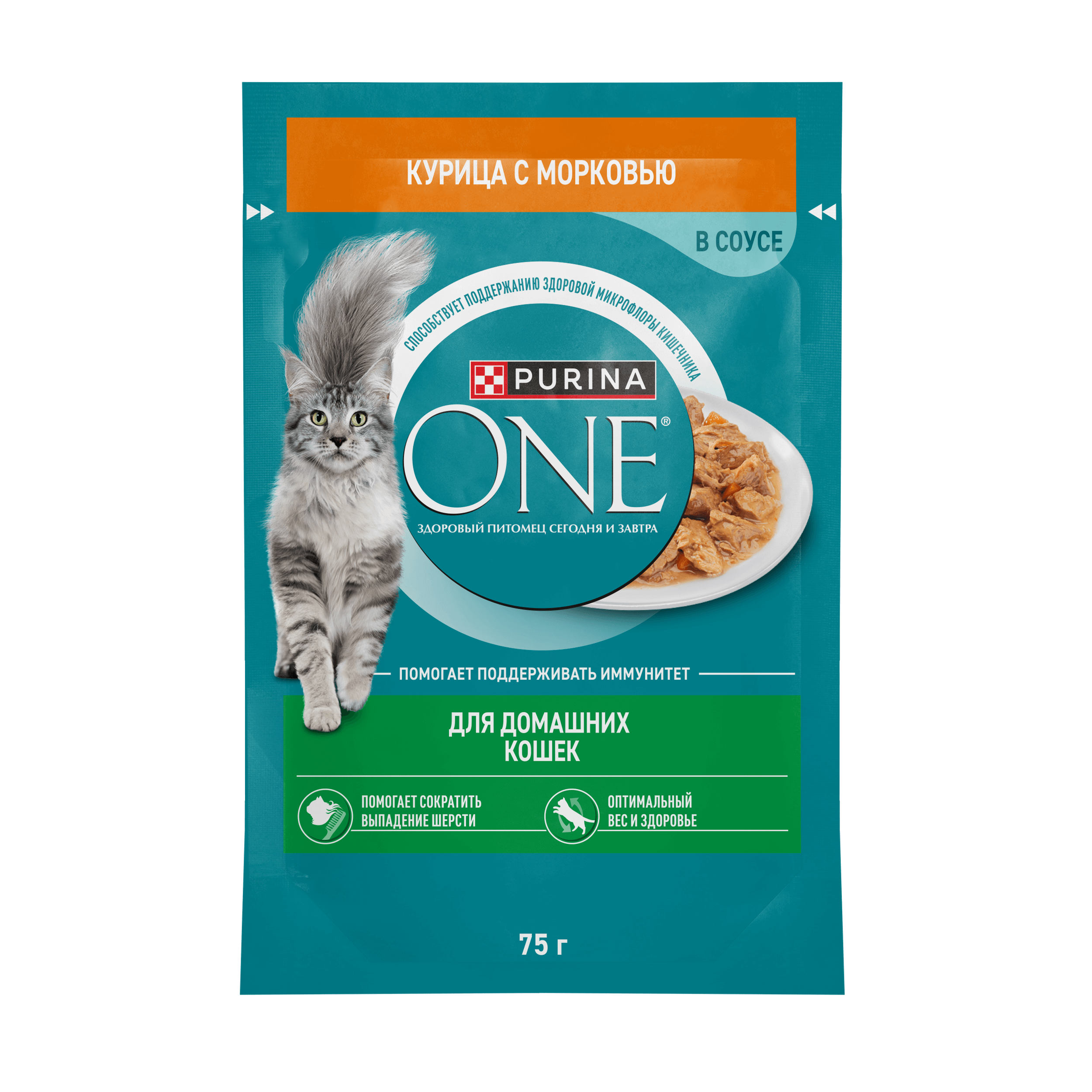 Үйде тұратын мысықтарға арналған Purina ONE® ылғалды азығы, тауық еті мен сәбіз қосылған, Пауч, 75 г