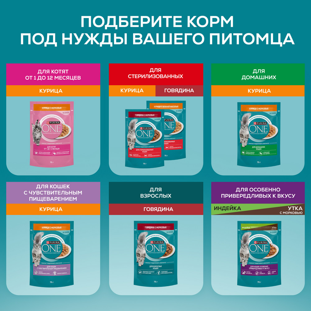 Влажный корм Purina ONE® для стерилизованных кошек и кастрированных котов, с курицей и зеленой фасолью, Пауч, 75 г - фото 11