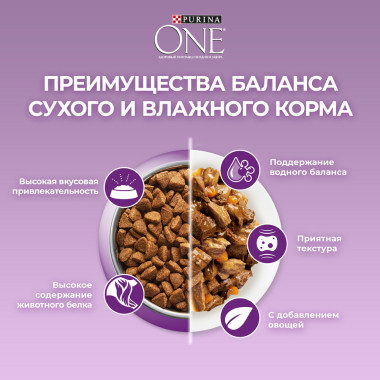 Влажный корм Purina ONE® для кошек особенно привередливых к вкусу, индейка и утка высокого качества с морковью, пауч