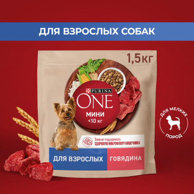 Сухой корм Purina ONE® для взрослых собак мелких и карликовых пород м, с высоким содержанием говядины и рисом