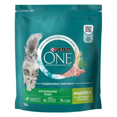 Сухой корм Purina ONE® для взрослых кошек, живущих в домашних условиях, с высоким содержанием индейки и цельными злаками