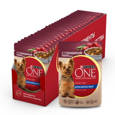 Влажный корм Purina ONE Мини Взрослая для собак мелких пород старше 1 года, с говядиной, картофелем и горохом в подливе, Пауч