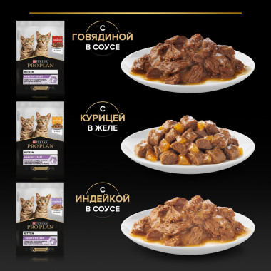 Корм консервированный полнорационный для котят с говядиной в соусе, с индейкой в соусе и вкусные кусочки с курицей в желе