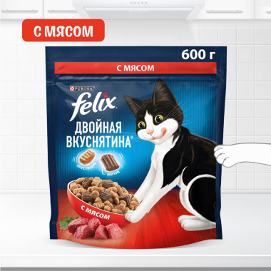 Сухой корм FELIX® Двойная Вкуснятина® для взрослых кошек, с мясом, Пакет, 600 г