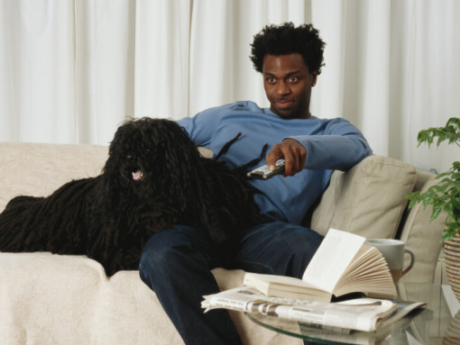 Мужчина смотрит телевизор со своим питомцем - взрослым венгерским пули